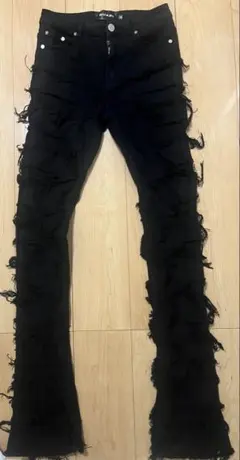 グアピGUAPI ワックス加工 サイドクラッシュスキニーフレアデニム 黒