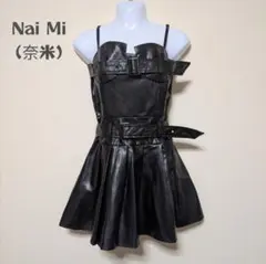 【Nai Mi/奈米】フェイクレザー ビスチェ風 プリーツ ミニワンピース 黒のサムネイル