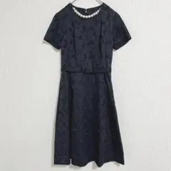 【ブラックワンピース】花柄レース ウエストベルト付き 半袖 フォーマル ドレスＦ