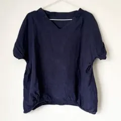 リネン100% Vネック 半袖プルオーバー ネイビー　vingtroisのサムネイル