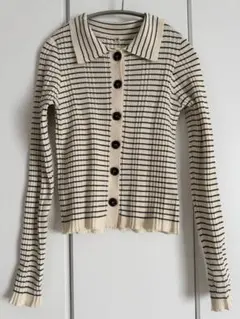 Sea Room Lynn ランダムリブ　ボーダー白カーディガン襟付き