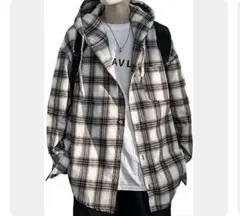 チェック柄シャツフーディ ベージュ M