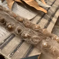 ジャンクジャーナル素材☆錆染パール付きシャービックカラーレース