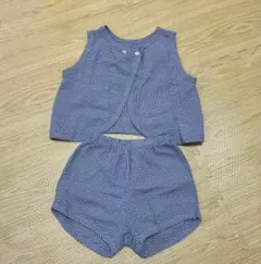 青色チェック ベストとショートパンツセット