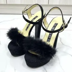 極美品✨COMEX ブラック ファー 付き 美脚ハイヒール パンプス 22㎝