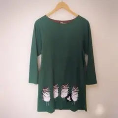 【グラニフ graniph】フクロウ柄ワンピース F グリーン 刺繍