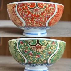 献上古伊万里　茶碗　二色セット　赤　緑　金彩　飯碗　夫婦茶碗　ペア茶碗　内絵のサムネイル