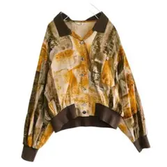 日本製 総柄シャツブルゾン M レーヨン混 前開き レトロ アート柄 ブラウン系