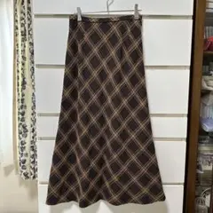 レリアン　リネン混　ブラウン系チェック フレアロングスカート