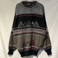 80s 90s usa古着Impact 幾何学模様 ニットセーター L レザー