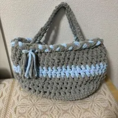 グレーと水色のストライプ グラニーバッグ