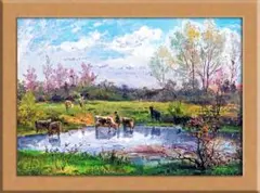 牛のいる風景画 A4