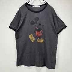 コラボ　リンガー　Tシャツ　S　ディズニー　ミッキーマウス　ダークグレー　古着