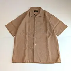 70s Vintage 開襟シャツ 麻混 半袖 キャメル 日本製　アメカジ