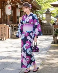 新品 Jouer ete couleur 浴衣 紺 花柄
