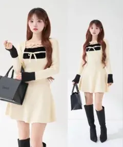 ダーリッチ リボンファーフレアニットミニワンピース FREEサイズ WHT