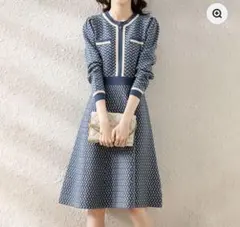 ブルー チェック デザインニットロングワンピース