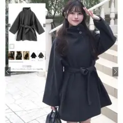 リボンベルト付きスタンドカラーコート ze778