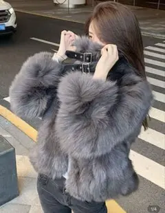 フェイクファー付ショートジャケットコート Sサイズ グレー