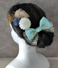 りぼん　髪飾り　ブルー　水色　クリップ　卒業式　袴　チュール　ハーフアップ