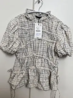 ZARA 半袖　ブラウス　チェック柄　花柄刺繍　タグ付き未使用！のサムネイル