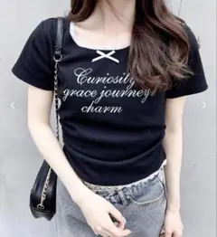 サイドギャザーリボン付ロゴレースリブトップス INGNI 半袖 ブラック M