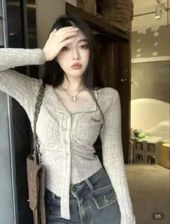 ワンホン グランジ グレー リブ編み Vネック ニットセーター Sサイズ