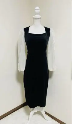 ベルベット風ワンピース ロング丈 長袖 スクエアネック パフスリーブ スリット