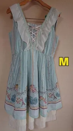 アクシーズファーム・ミントブルー×ホワイト・ノースリーブワンピース M