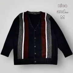 【niko and...】マルチストライプ ニットカーディガン M ネイビー