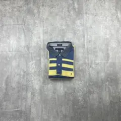 トミーヒルフィガー ボーダー 半袖ポロ XL 黄青 ロゴ刺繍 鹿の子 夏古着定番