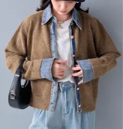 デニム襟ボタンニットカーディガン キャメル異素材切り替え レディース