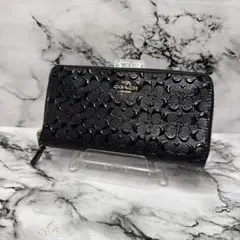 (未使用品)大人気、コーチ、長財布、ラウンドジップ、オールレザー、エナメル、黒