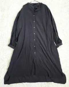 【美品】ミズイロインド シャツワンピース　ダークグレー　バンドカラー　　ゆったり