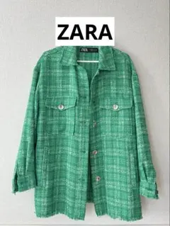 ZARA ツイード チェック柄 シャツジャケット グリーン S オーバーサイズ