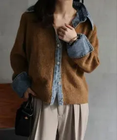 カーディガン デニムドッキングニットカーディガン レディース