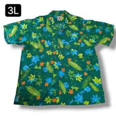 【美品】3L 琉球の宝 かりゆしウェア グリーン 大きいサイズ シャツ 半袖
