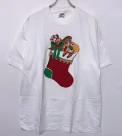美國製 古著 緞帶鈴鐺 聖誕靴 插畫 T恤