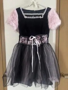 【150】キッズ コスプレワンピース 黒×ピンク ファー袖 チュール ハロウィン