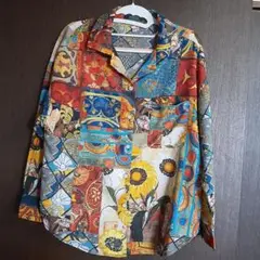パッチワーク柄 はんぱ袖シャツ マルチカラー