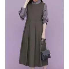 ケービーエフKBFビッグプリーツチェックジャンパースカート前後着ワンピース