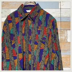 昭和レトロ 古着 長袖シャツ パッチワーク アート柄 韓国ファッション