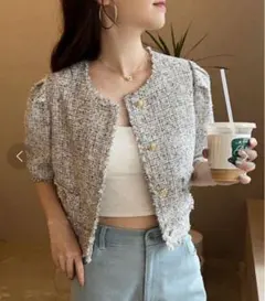 NICE CLAUP ノーカラージャケット 半袖 フリンジ加工　ミニ丈