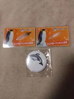 エンペラーペンギンの羽毛×2　イルカの缶バッチ