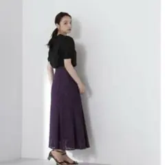 新品　ナチュラルビューティーベーシック　リーフ柄レーススカート　紫　M