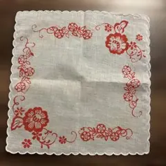 レトロ　花柄刺繍ハンカチ オフホワイト×赤