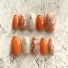 人気！オレンジ 派手 青 キラキラ オレンジネイル ライブ 推し活 夏 海