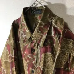 【個性派古着】長袖総柄デザインシャツ　花柄　ボタニカル柄　くすみカラー　メンズM