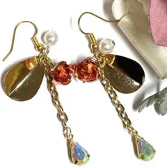 No.085パール薔薇ゴールドプレート雫ビーズ　ハンドメイドピアスorイヤリング