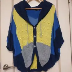 フード付き 半袖カーディガン パッチワークデザイン